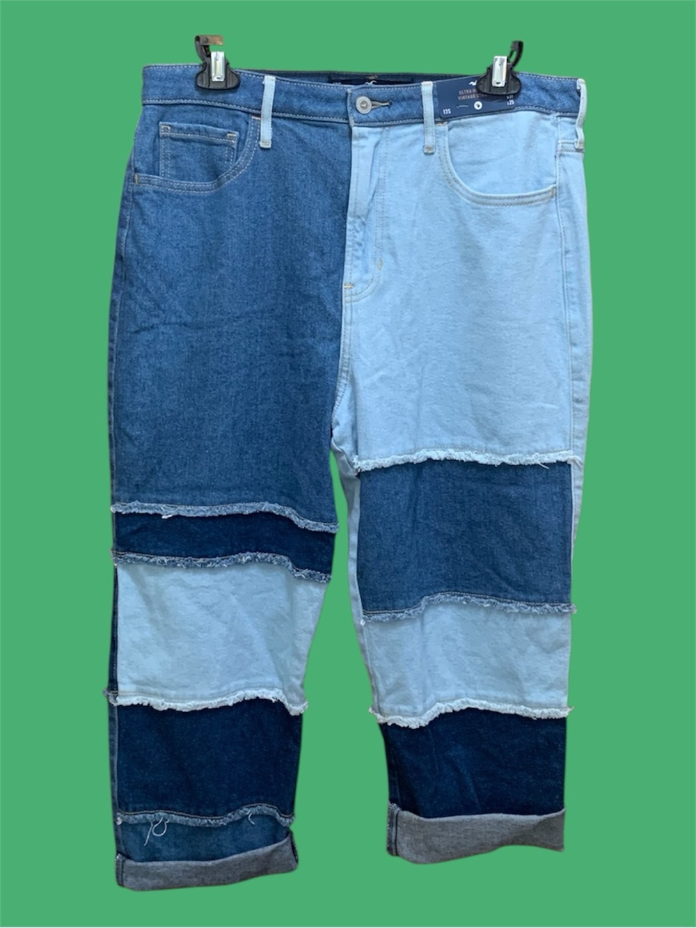 Hollister Two-Tone Patchwork Cropped Jeans - Light & Dark Blue